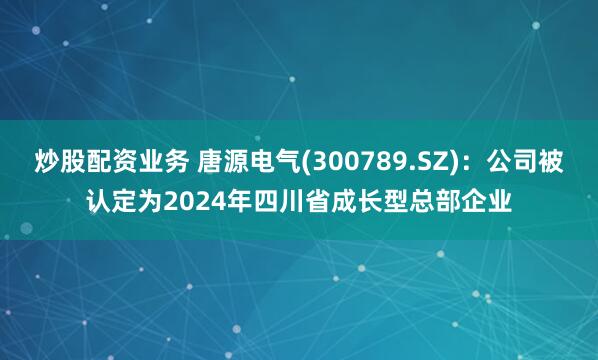 炒股配资业务 唐源电气(300789.SZ)：公司被认定为2024年四川省成长型总部企业